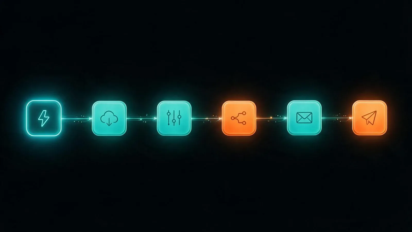 Aufbau eines n8n-Workflows - ein Auslöser links startet eine Kette aus verbundenen Knoten, die Daten von einem System zum nächsten weiterreichen und dabei verarbeiten