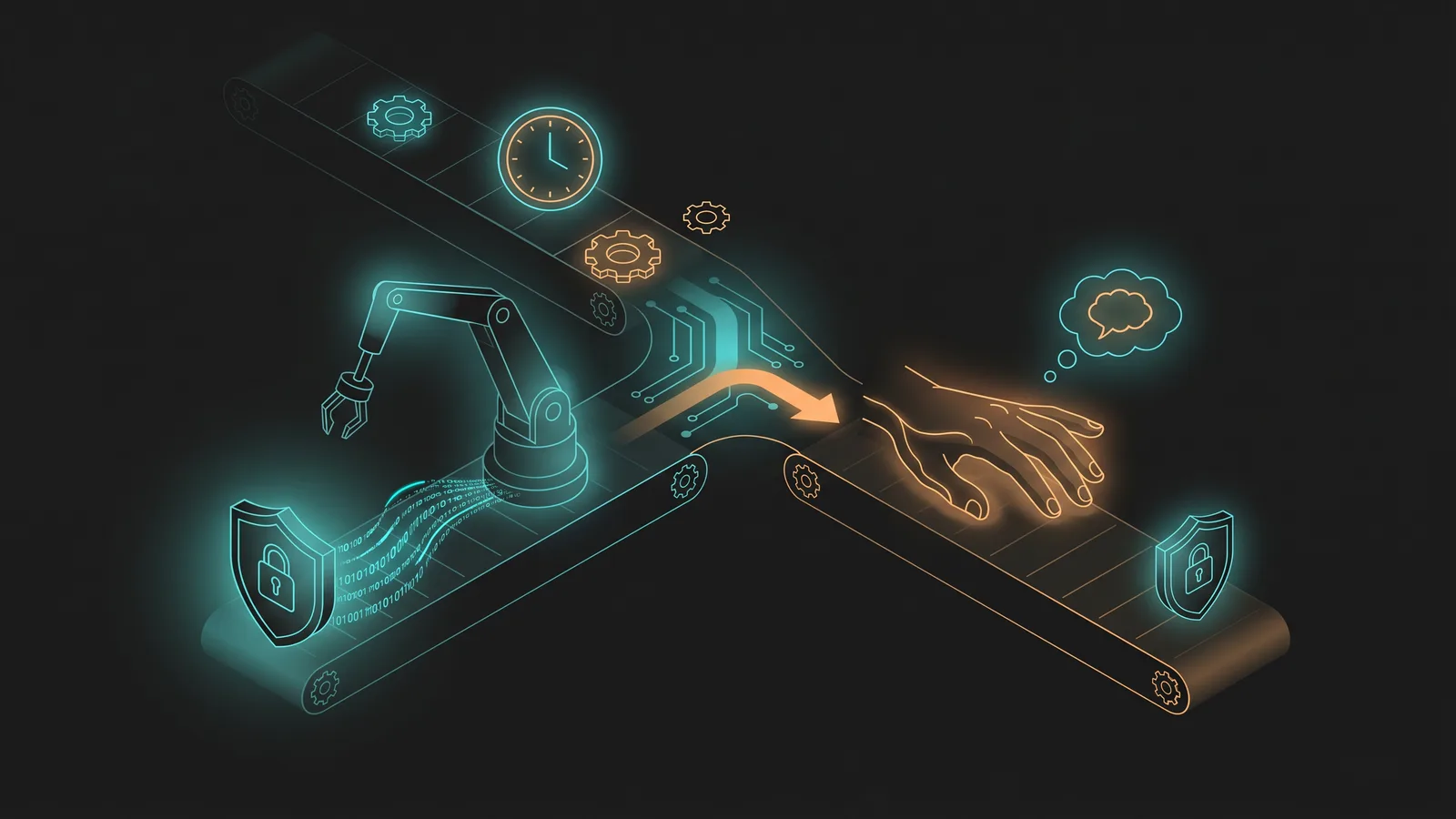 Illustration eines zeitgesteuerten Ablaufs, der sich in einen automatischen Weg und einen Weg zum Menschen aufteilt, mit Datenschutz-Schild
