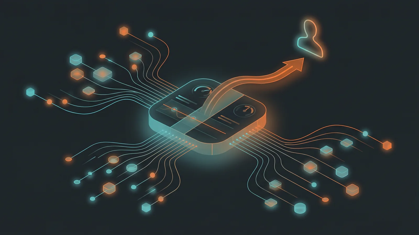 Abstrakte Darstellung vernetzter Datenknoten, die in einen zentralen Überwachungskern mit Schwellenwerten und einem Eskalationspfad zum Menschen fließen
