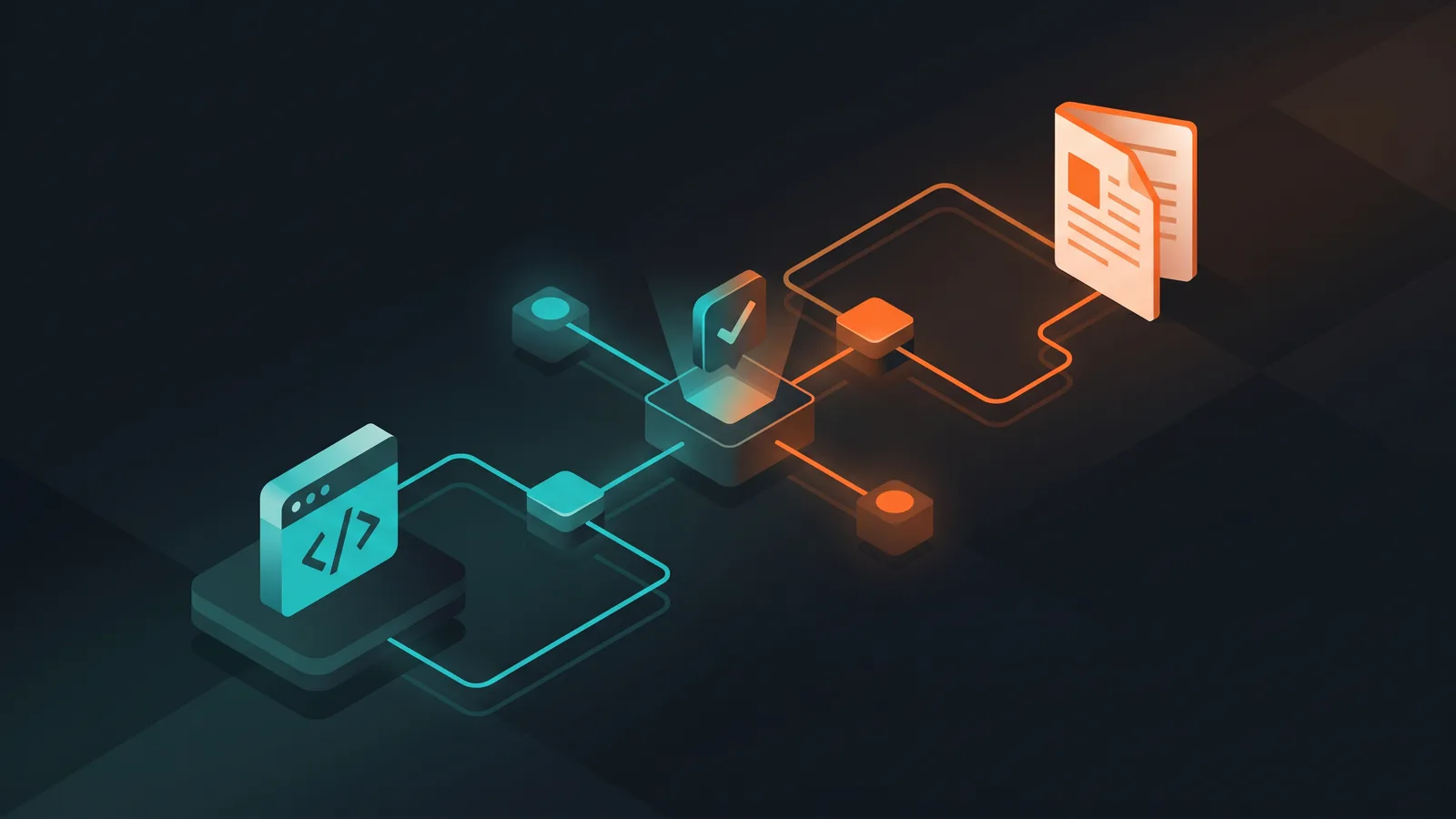 Abstrakte Darstellung der Pipeline von Code über Prüfung bis zur veröffentlichten Doku