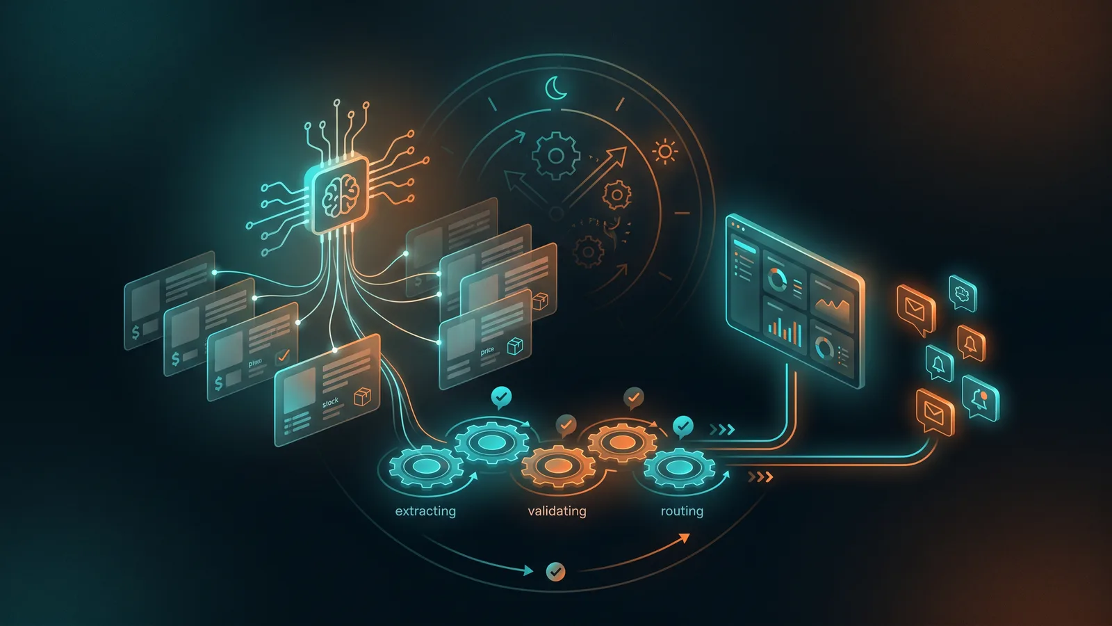 Automatisierte Datenpipeline: KI liest Websites aus, validiert die Daten und leitet sie an Dashboard und Benachrichtigungen weiter